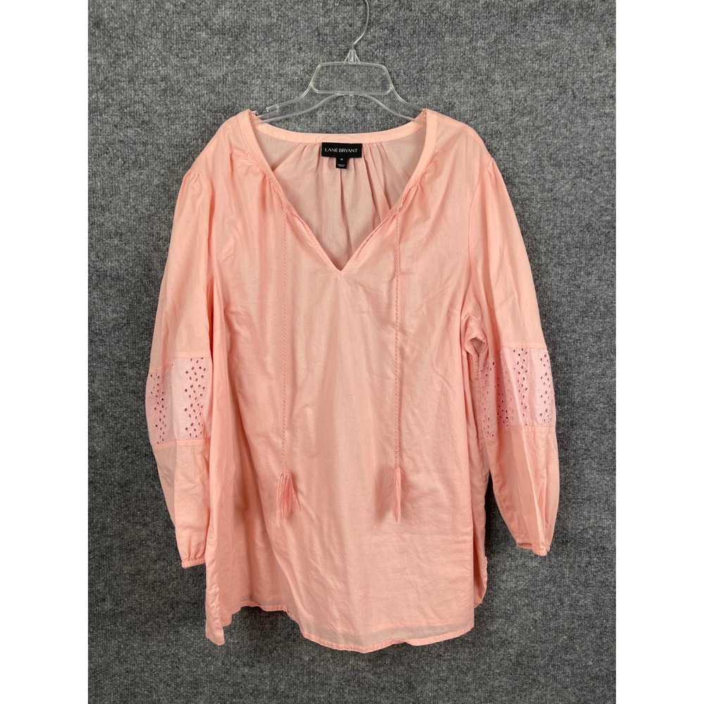 Lane Bryant Blouse Women's 18 Pink Excellent Eyelet Lace Tassel Tie V-Neck Top